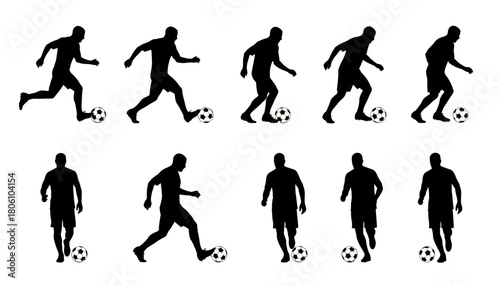 Action sequence of a football player in motion, dribbling the ball. A set of isolated athlete silhouettes for animation or design