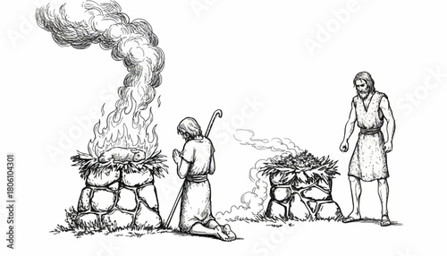 A black and white sketch illustrating the biblical story of Cain's rejected offering and Abel's accepted sacrifice before God