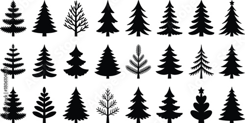 Evergreen tree silhouette icons, pine shapes, holiday decoration, nature illustration, forest elements, stylized trees, seasonal graphic, winter design