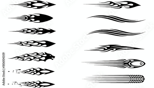 A versatile vector collection of dynamic tribal flames, classic pinstripes, and speed motion graphics for vehicle decoration and design