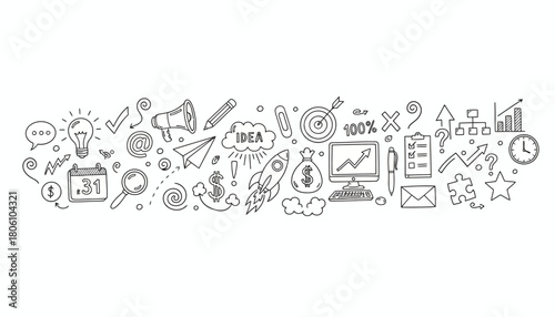 Hand-drawn banner with a collection of business doodle icons representing startup ideas, marketing strategy, and project development