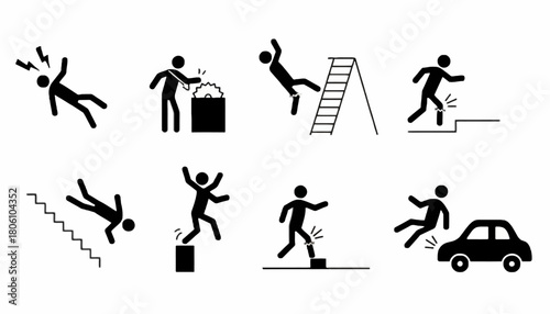 Pictogram icon set illustrating various common accidents, injuries, and safety warnings for home and workplace environments