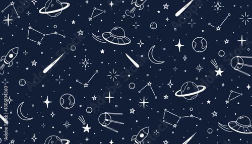 Whimsical hand-drawn space exploration seamless pattern. A cosmic doodle with rockets, planets, and constellations on a dark navy background