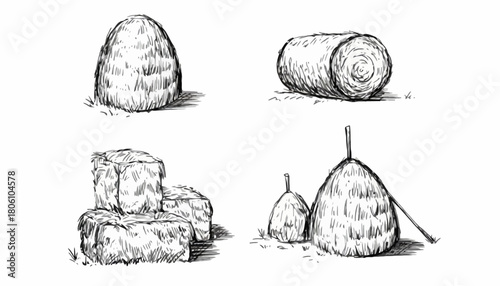 Hand-drawn illustration set of various farm haystack shapes, including round and square hay bales