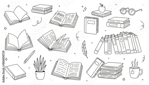 Hand-drawn vector illustrations of open and closed books, library elements, and study items in a doodle style