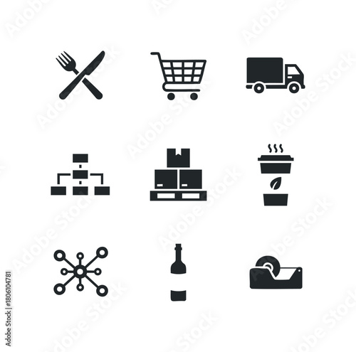 Collection of nine universal icons representing commerce, logistics, and technology on a white background