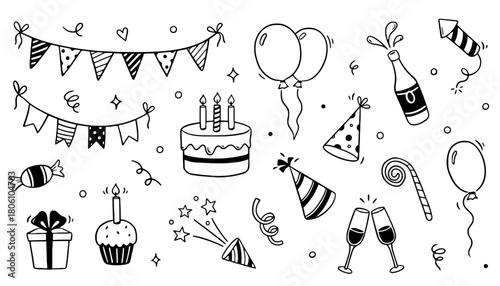 A hand-drawn set of party and celebration doodle icons. This collection of festive elements includes a cake, balloons, gifts, and champagne