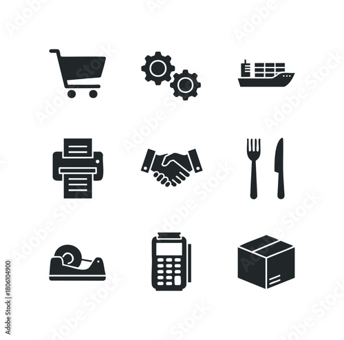 Collection of nine commercial icons representing shopping, mechanics, shipping, printing, negotiation, dining, office supplies, and payment processing
