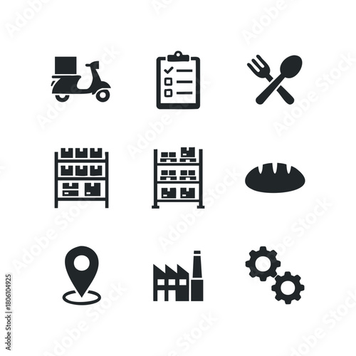 Set of icons representing logistics, checklist, dining, warehouse, packaging, bread, location, factory, and gears
