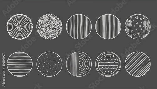A diverse collection of ten hand-drawn circular shapes with various textures and patterns. Abstract vector graphic elements for design projects