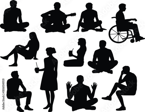 Human silhouette illustration set, seated and standing poses, casual posture icons, inclusive design, body language graphic, lifestyle shapes