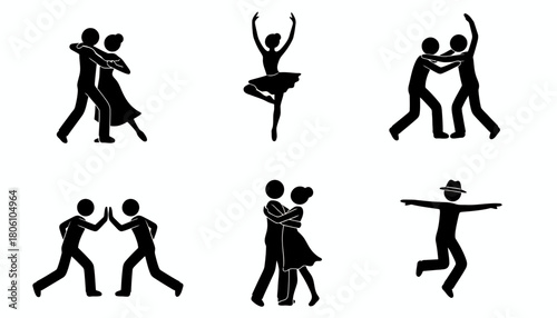 Vector illustration set of dancing people icons. Stick figure pictograms of various dance genres like ballet, ballroom, and modern styles