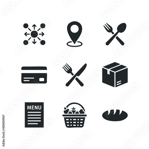 Collection of nine flat black icons representing payment, dining, delivery, and food ordering services on a white background