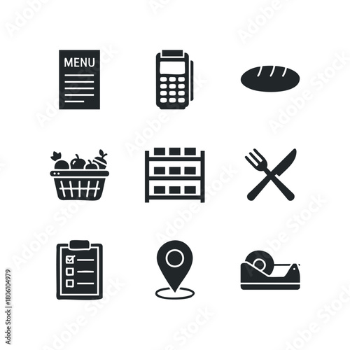 Collection of Nine Simple Solid Icons Representing Shopping, Food, and Office Supplies