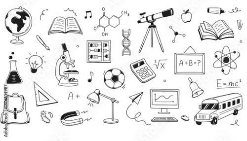 Whimsical doodle illustration featuring a creative mix of school and science subjects. Icons for learning, discovery, and education