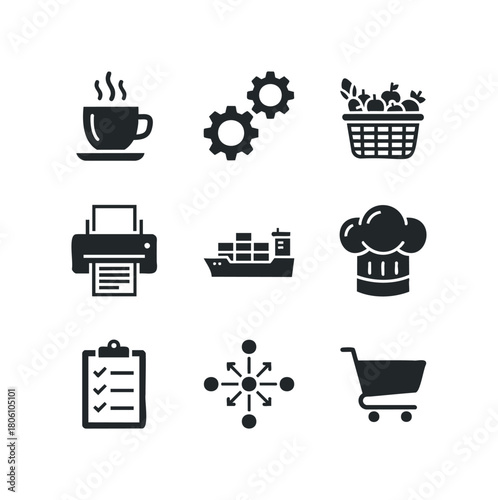 Collection of nine distinct black vector icons representing business, food, and shipping elements on a white background