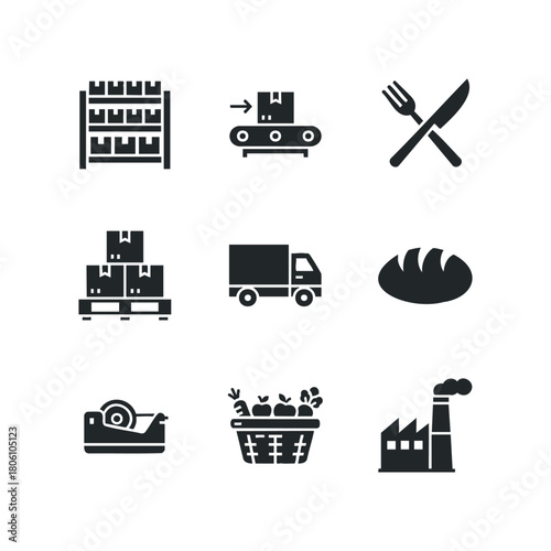 Collection of industry and commerce related glyphs including factory, truck, delivery boxes, and food icons