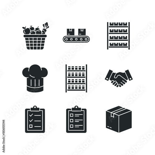 Collection of glyph icons representing logistics, inventory, and food service for business applications