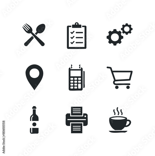 Collection of nine distinct black service and business icons on a plain white background representing food, task management, industry, location, payment, shopping, and beverages