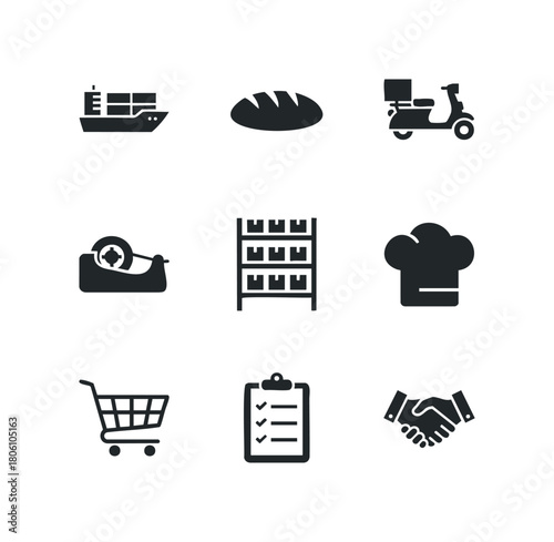 A collection of nine simple black icons representing logistics, food, delivery, and business operations against a white background.