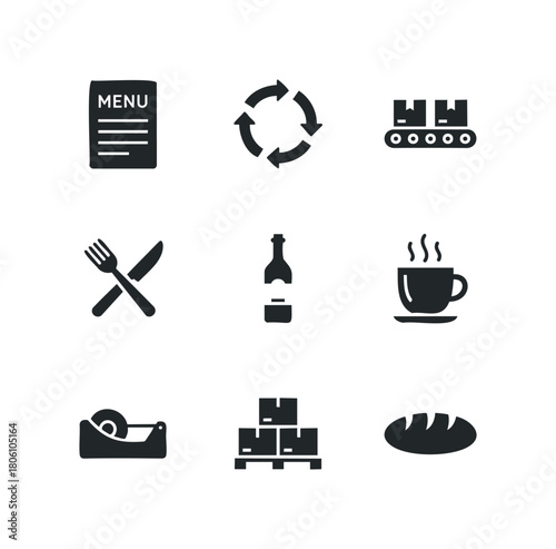 Collection of nine simplified icons depicting restaurant menu, recycling symbol, conveyor belt, cutlery, bottle, hot beverage, tape dispenser, pallet of boxes, and loaf of bread.