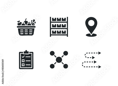 Six diverse iconography symbols representing a shopping basket, warehouse storage, location pin, checklist, network diagram, and directional arrows