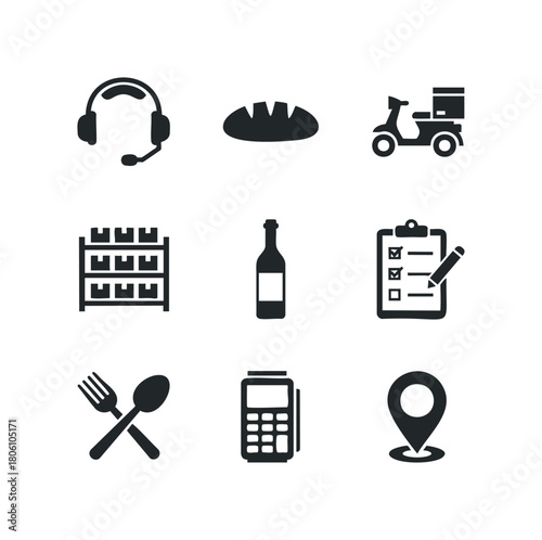 Collection of service icons including delivery, food, payment, and navigation for business applications