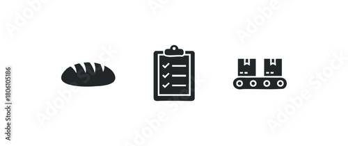 Stylized icons representing bread, a checklist, and boxes on a conveyor belt signify food production and logistics workflow.
