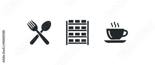 Minimalist icons representing food service, a shelf, and a hot beverage with steam