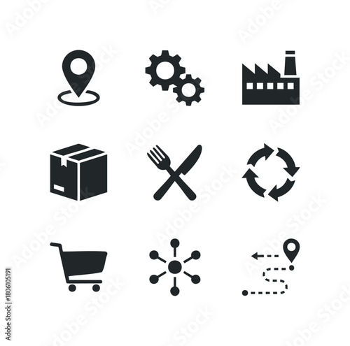 Collection of nine black solid icons representing logistics, manufacturing, and business operations on a white background