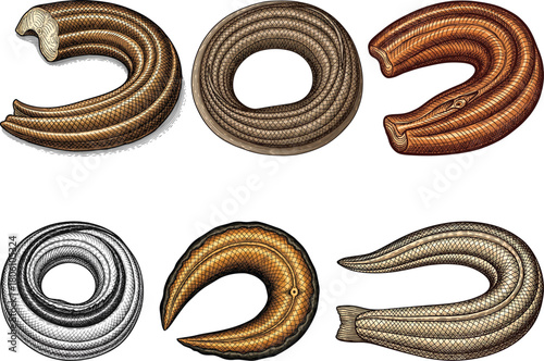 Engraved eel fillet icon set in vintage seafood illustration style with detailed textured patterns