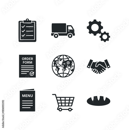 Collection of nine black icons depicting business and commerce elements including checklist, delivery truck, gears, order form, globe, handshake, menu, shopping cart, and bread loaf