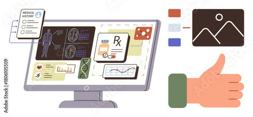 Computer screen displaying medical history details, diagnostic images, charts, and data graphs. Includes analysis tools and prescription record. Ideal for healthcare, technology, research
