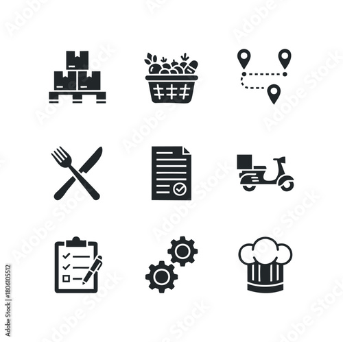 Set of black logistic and food service icons including delivery scooter, chef hat, basket of produce, and map pins