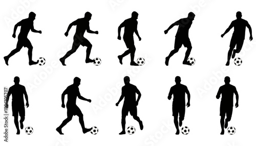 Collection of vector silhouettes showing a soccer player in various dribbling poses. A sequence of athletic man action isolated on white