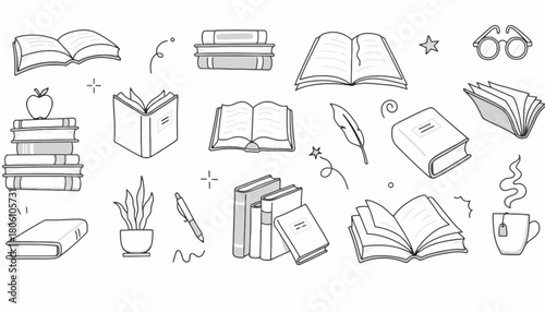 A hand-drawn collection of book doodles and reading icons in a simple line art sketch style for educational and literary concepts