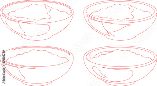 Four Bowls of Food Outlines Red Line Art on a White Background
