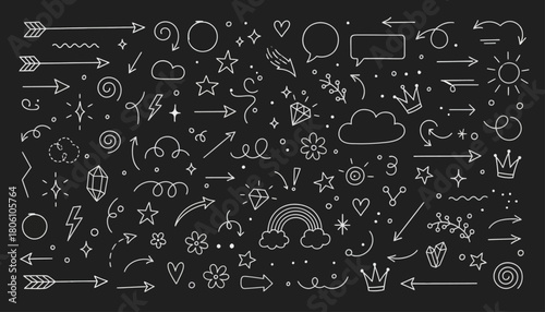 A large collection of hand-drawn doodle elements featuring arrows, stars, hearts, and swirls. Cute sketch style icons for design