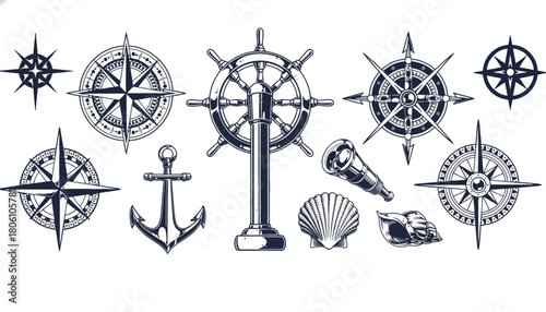Hand-drawn collection of antique maritime symbols for navigation and sea adventure, including compass, anchor, and helm