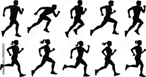 Running silhouette illustration, male and female runners, athletic motion, stride posture, fitness activity, sports training, dynamic movement, jogging pose