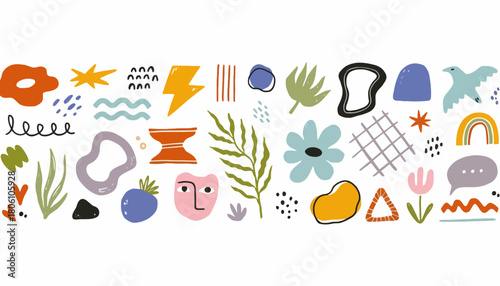 Collection of colorful hand-drawn abstract organic shapes, doodles, and contemporary elements isolated on a white background