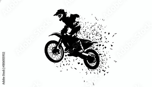 Black and white vector illustration of a dirt bike rider executing a jump with abstract debris on a clean background, representing extreme sports and action