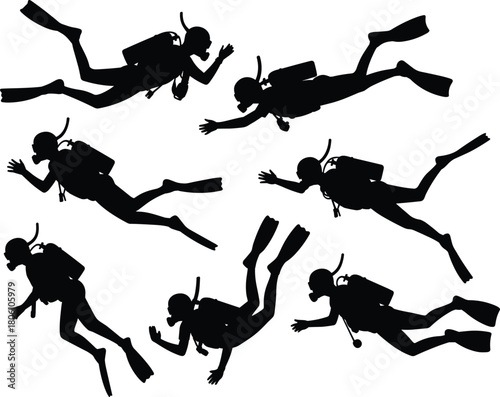 Scuba diver silhouette illustration set, underwater swimming poses, diving gear icons, marine activity graphic, ocean exploration shapes
