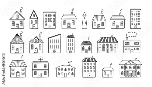A diverse collection of minimalist building and house icons presented in a simple black and white line art style for architectural design