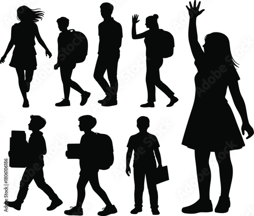 Silhouette students walking and standing, school kids with backpacks, educational concept, youth activity, learning illustration, classroom theme