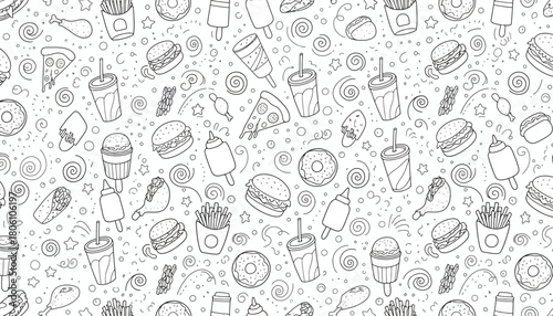Hand-drawn whimsical sketch collection of fast food items. Seamless black and white pattern with various doodle-style junk food
