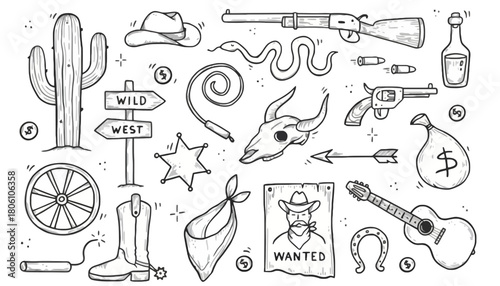 Wild West cowboy theme doodle set with isolated elements like cactus, skull, and guitar. Hand-drawn vintage western vector illustrations