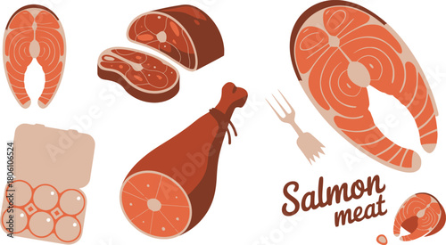 Fresh Salmon Steak Cuts and Beef Meat Portions with Fork Illustration Composition