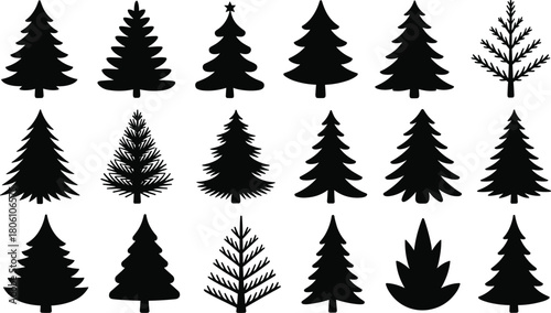 Stylized evergreen tree silhouettes, pine shapes, nature icons, forest graphic set, holiday decoration, winter theme, abstract foliage illustration