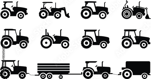Tractor and trailer silhouettes, farm machinery icons, agricultural equipment, loader and digger attachments, rural transport, farming vehicle illustration